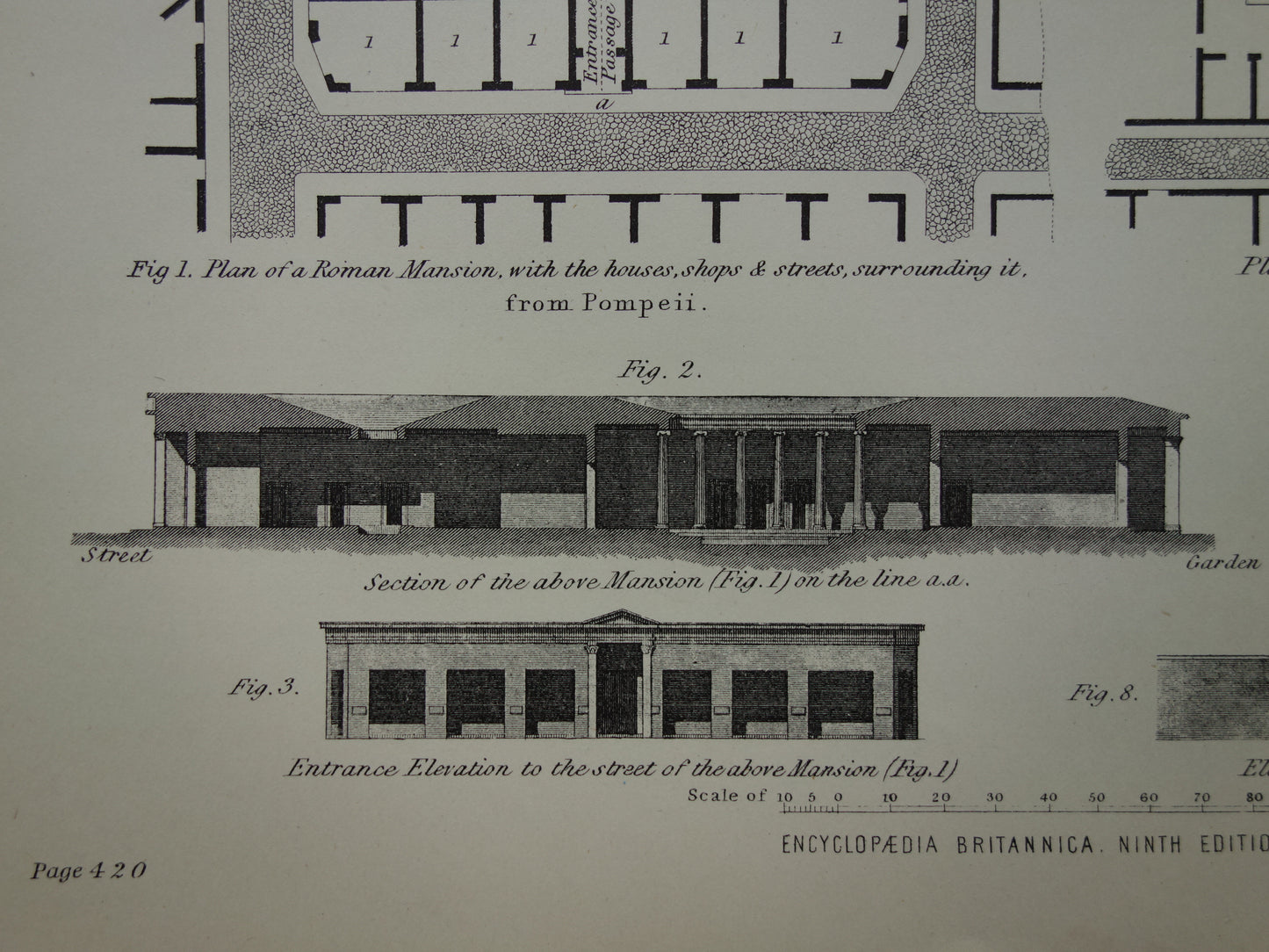 Old print Pompeii Roman Architecture Print 1875 original antique English illustration Villa in Pompeii