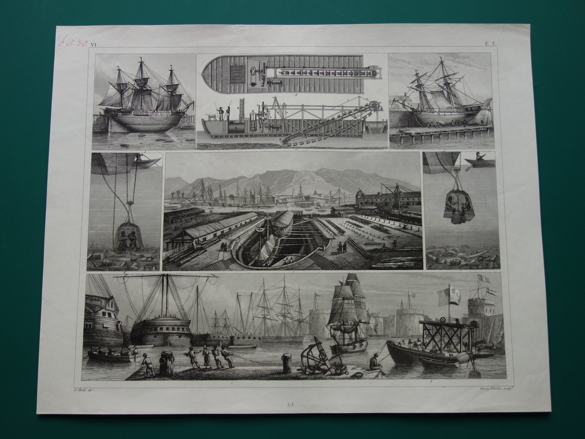 170+ jaar oude scheepsprent antieke maritieme illustratie duikklok dok droogdok baggerschip schip schepen vintage prints