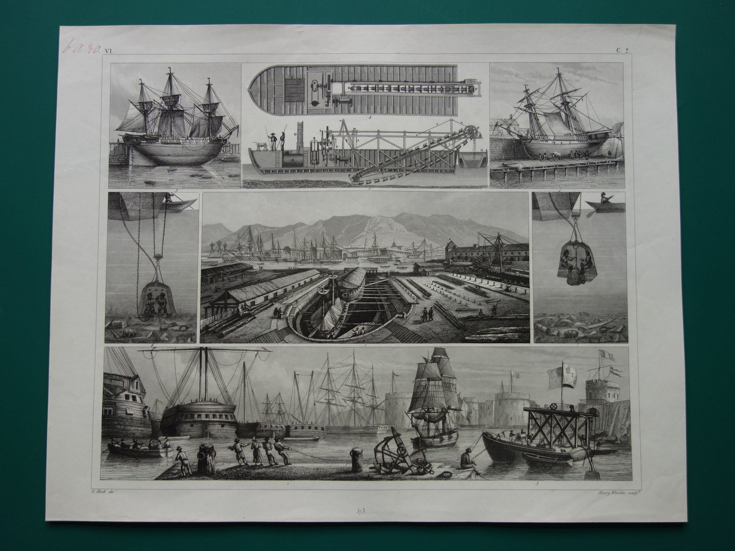 170+ jaar oude scheepsprent antieke maritieme illustratie duikklok dok droogdok baggerschip schip schepen vintage prints