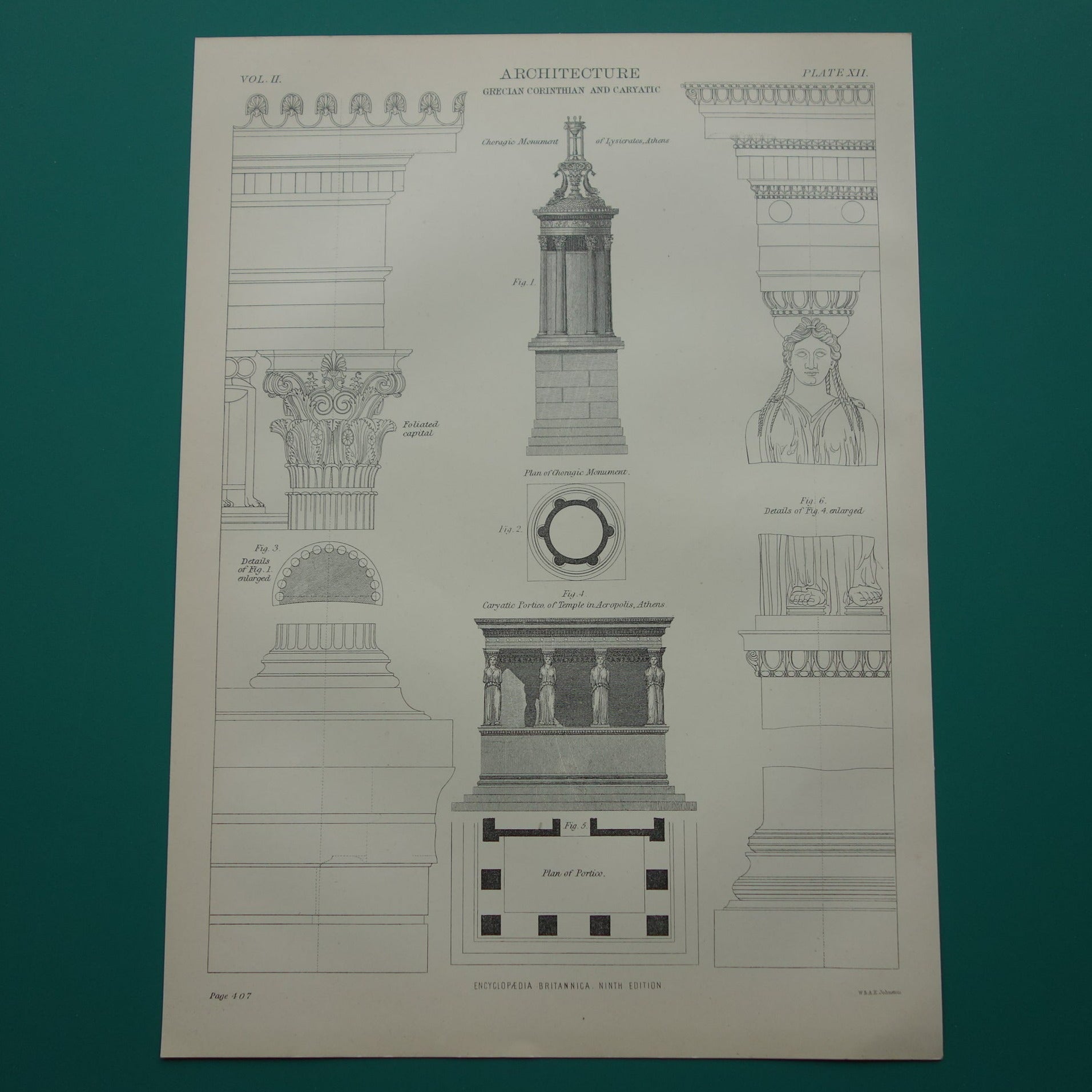 Oude architectuur prent Griekse Oudheid Originele antieke illustratie Erechtheion tempel Monument van Lysicrates Athene vintage print