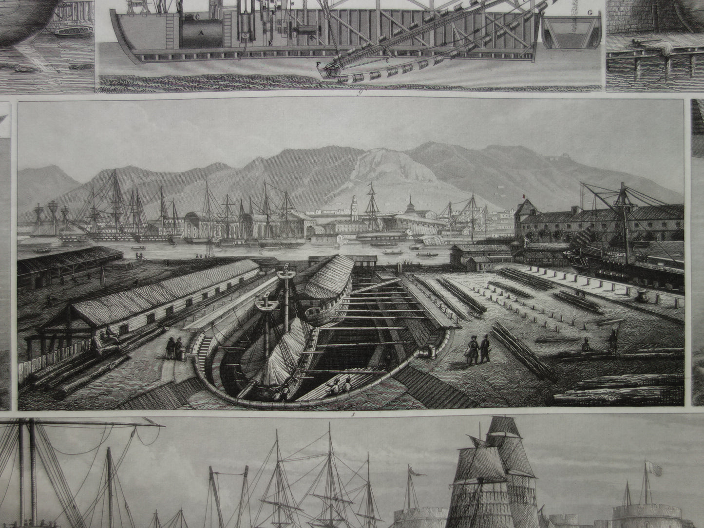 Über 170 Jahre alter Schiffsdruck, antike maritime Illustration, Taucherglocke, Dock, Trockendock, Baggerschiff, Schiffe, Vintage-Drucke