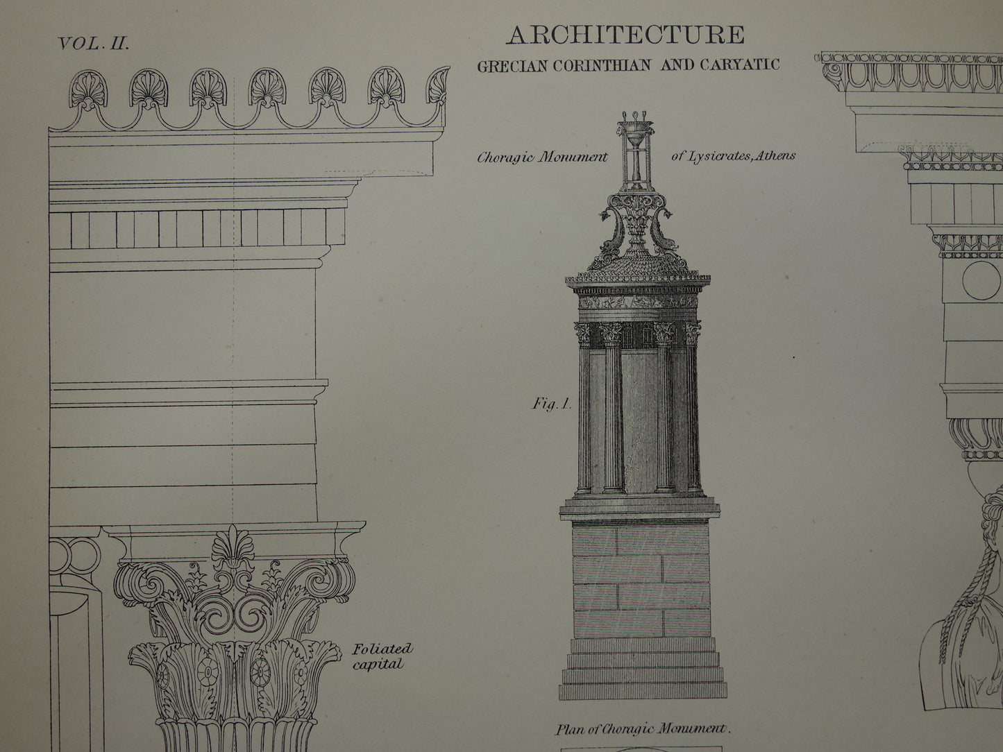 Ancient architecture print Greek Antiquity Original antique illustration Erechtheion temple Monument of Lysicrates Athens vintage print