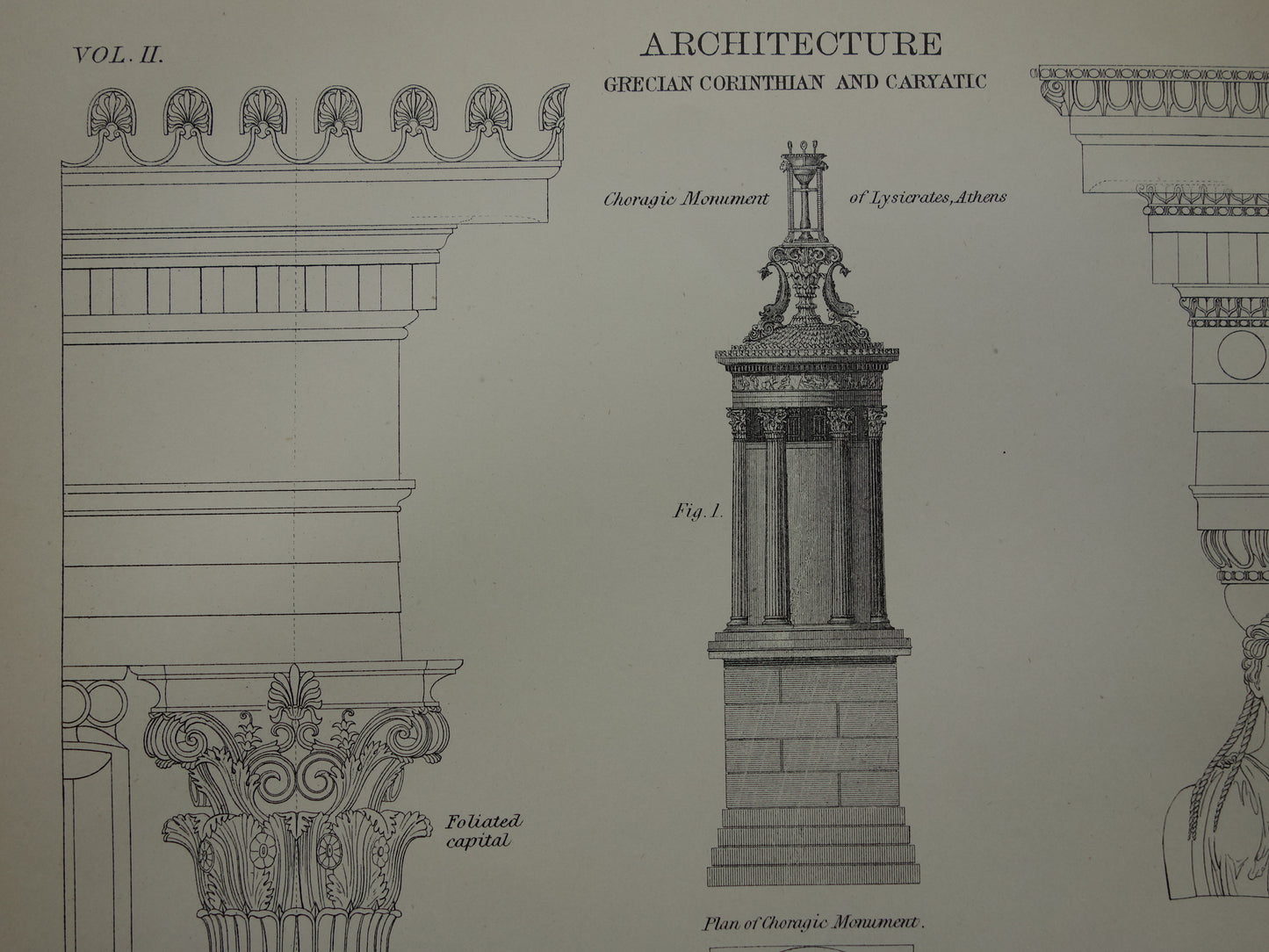 Oude architectuur prent Griekse Oudheid Originele antieke illustratie Erechtheion tempel Monument van Lysicrates Athene vintage print