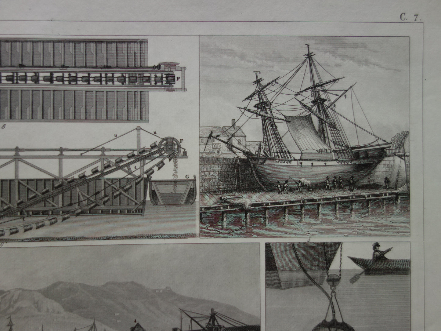 Über 170 Jahre alter Schiffsdruck, antike maritime Illustration, Taucherglocke, Dock, Trockendock, Baggerschiff, Schiffe, Vintage-Drucke