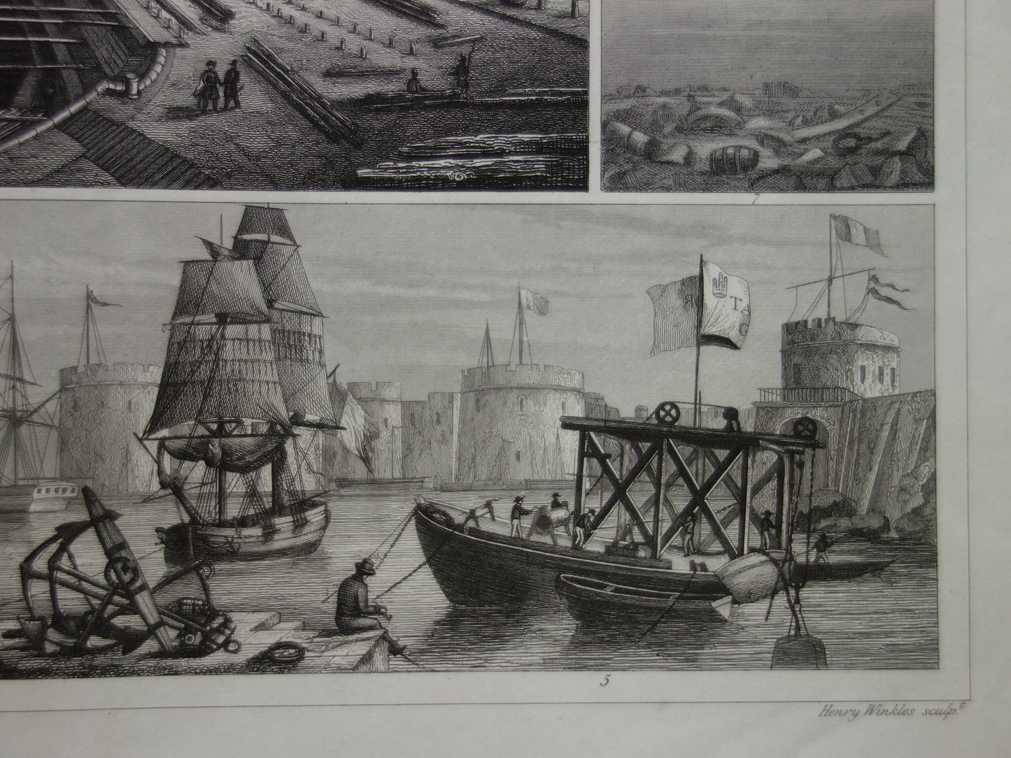 170+ jaar oude scheepsprent antieke maritieme illustratie duikklok dok droogdok baggerschip schip schepen vintage prints