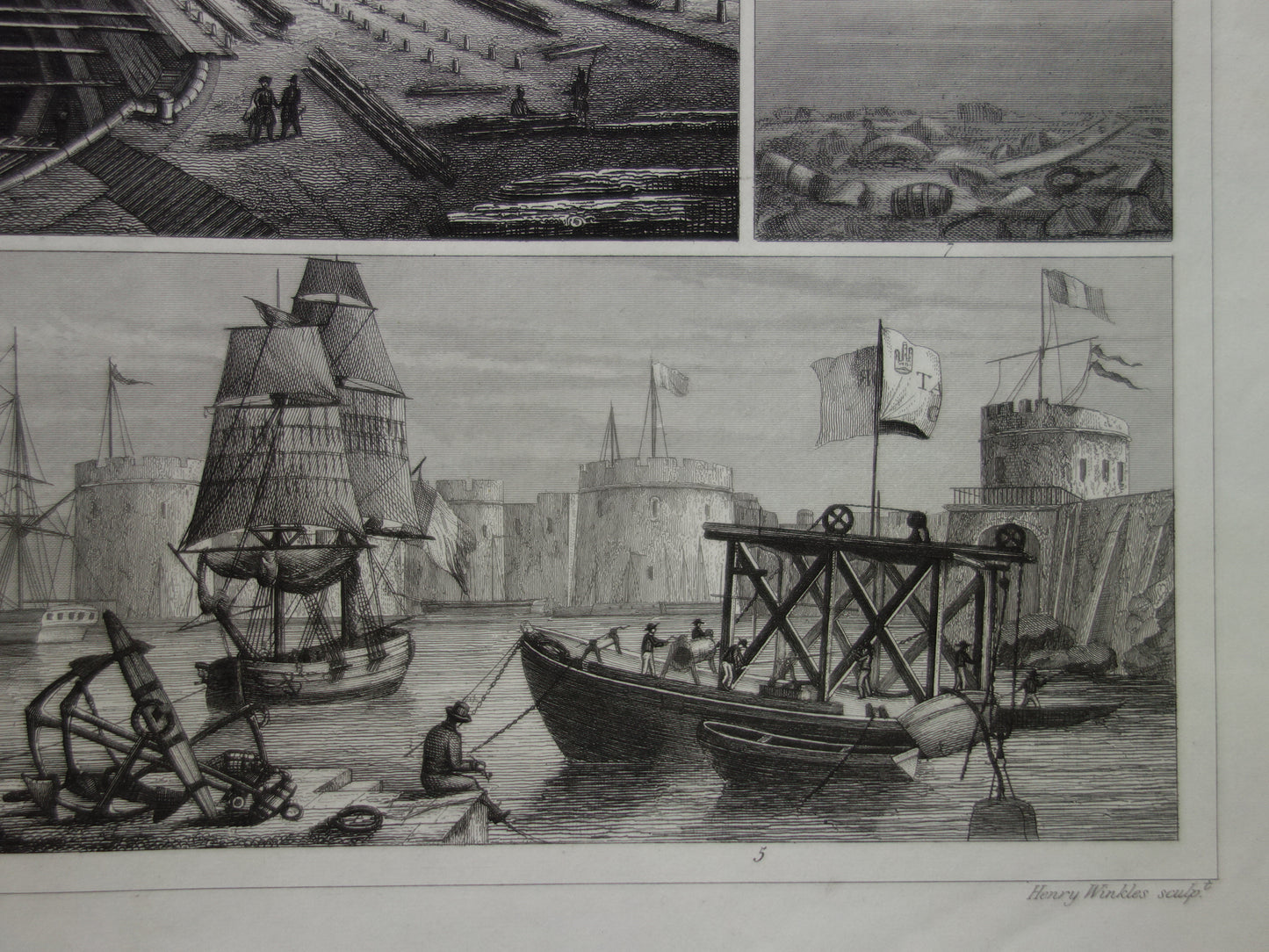 Über 170 Jahre alter Schiffsdruck, antike maritime Illustration, Taucherglocke, Dock, Trockendock, Baggerschiff, Schiffe, Vintage-Drucke