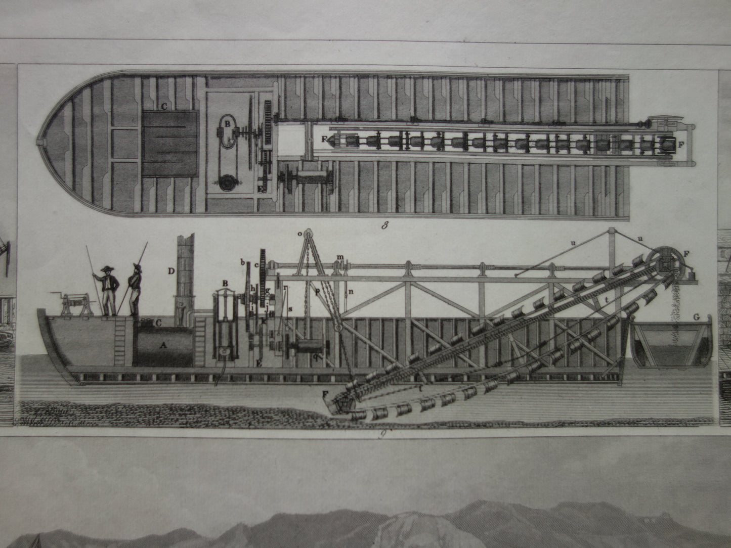 170+ jaar oude scheepsprent antieke maritieme illustratie duikklok dok droogdok baggerschip schip schepen vintage prints