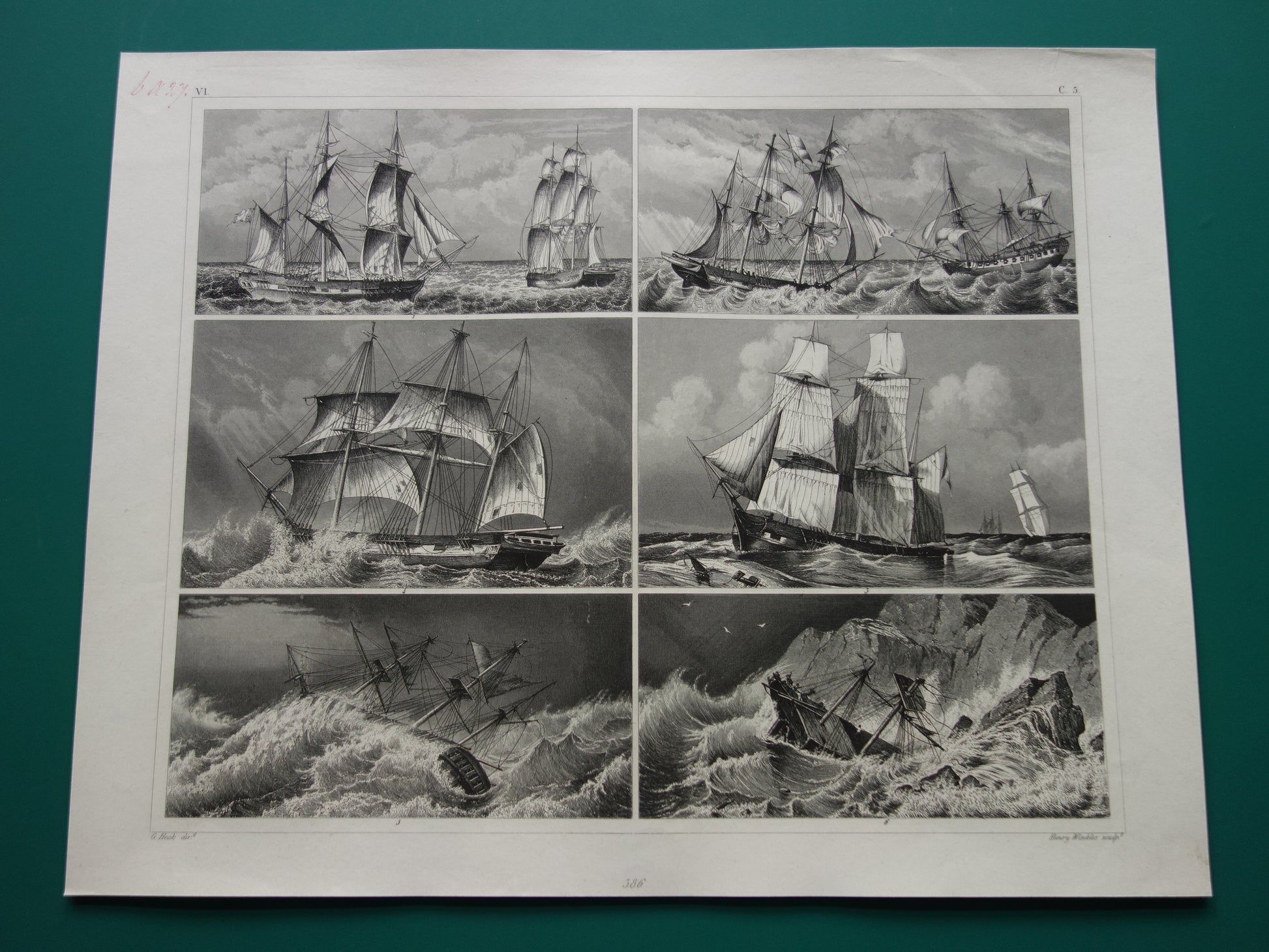 Zeilschepen in een storm oude prent originele antieke print zeil zeilen driemaster maritieme vintage prints