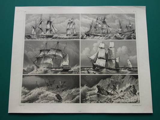 Zeilschepen in een storm oude prent originele antieke print zeil zeilen driemaster maritieme vintage prints