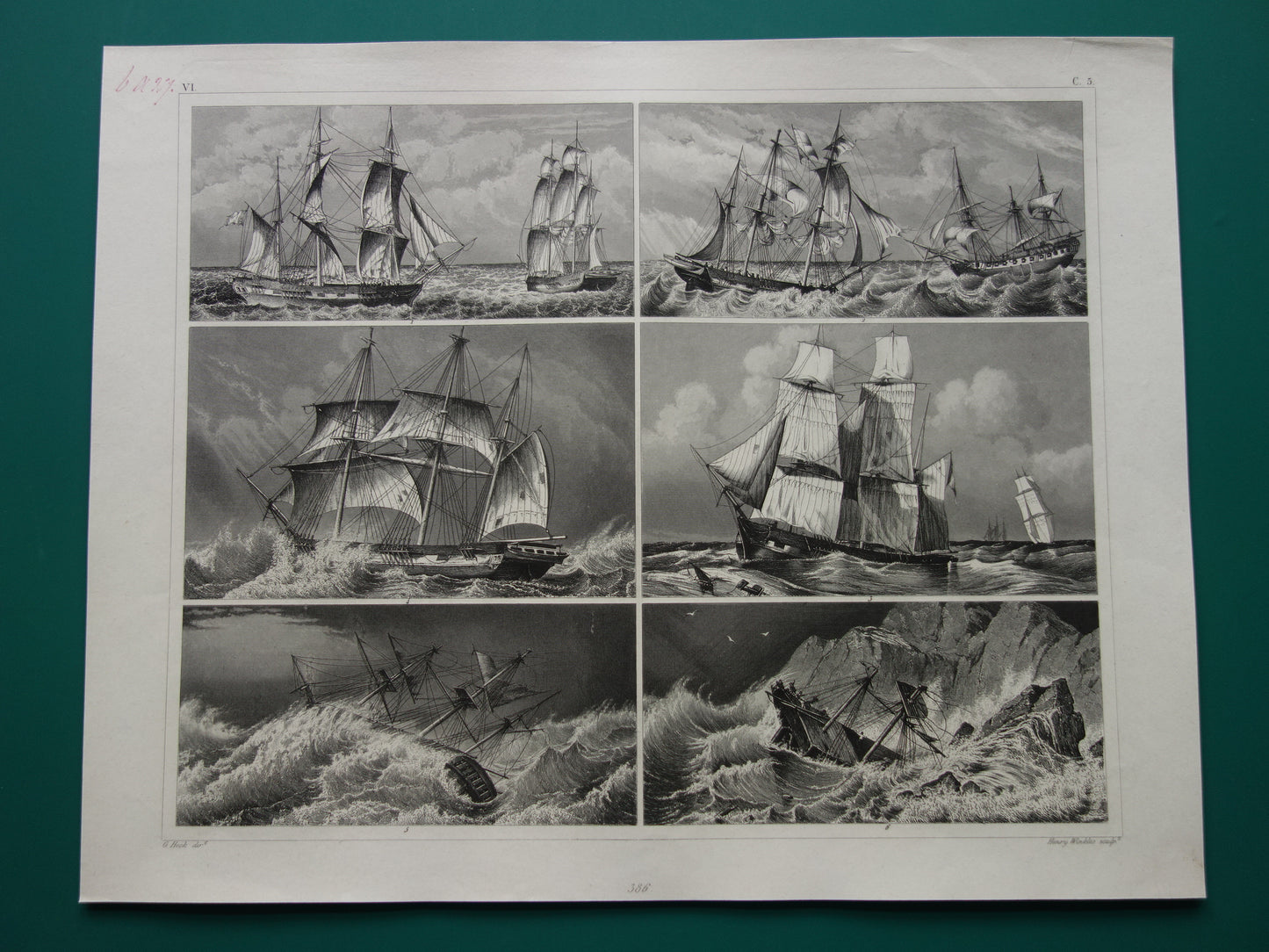 Zeilschepen in een storm oude prent originele antieke print zeil zeilen driemaster maritieme vintage prints