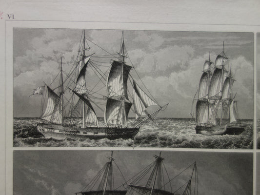 Zeilschepen in een storm oude prent originele antieke print zeil zeilen driemaster maritieme vintage prints