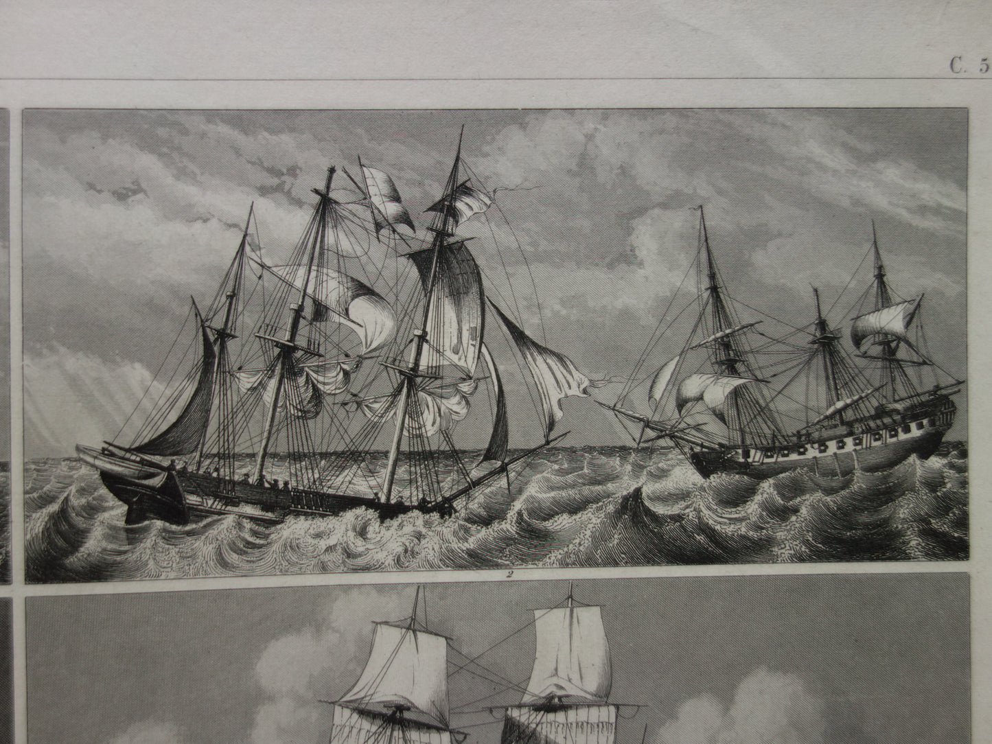 Zeilschepen in een storm oude prent originele antieke print zeil zeilen driemaster maritieme vintage prints