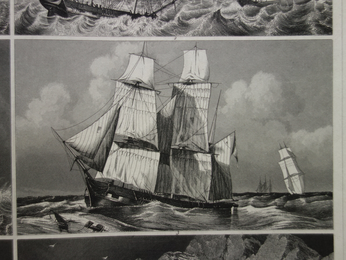 Zeilschepen in een storm oude prent originele antieke print zeil zeilen driemaster maritieme vintage prints