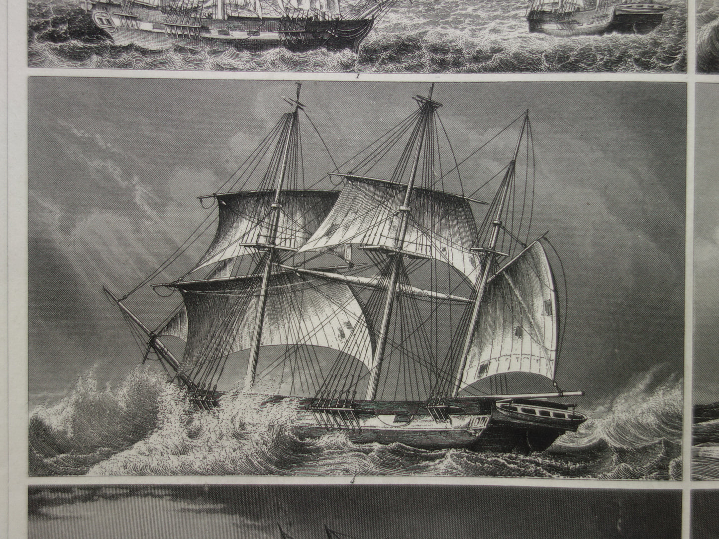 Zeilschepen in een storm oude prent originele antieke print zeil zeilen driemaster maritieme vintage prints