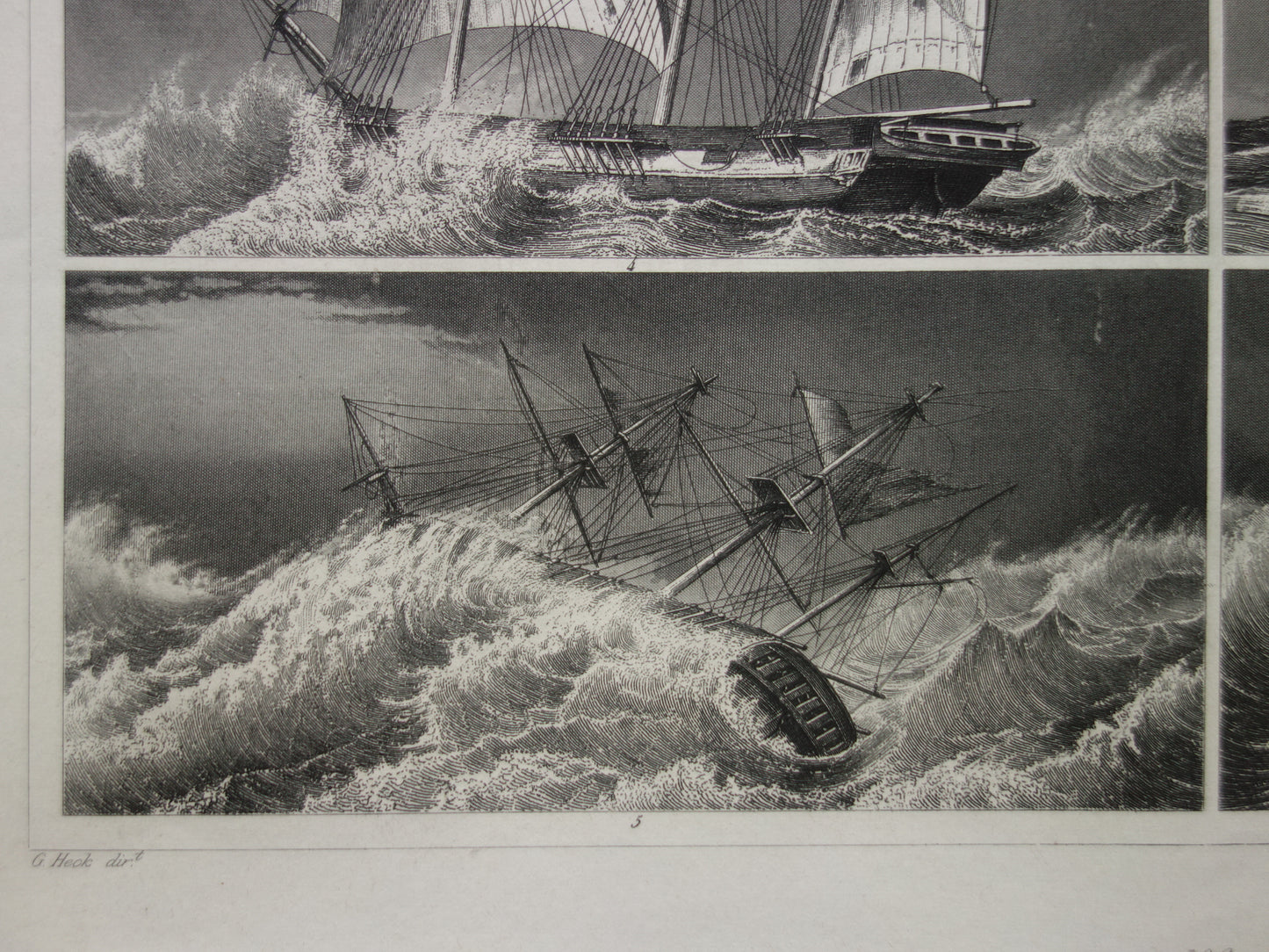 Zeilschepen in een storm oude prent originele antieke print zeil zeilen driemaster maritieme vintage prints