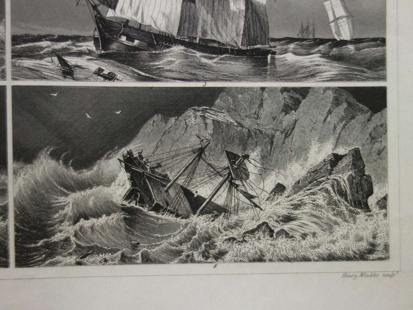 Zeilschepen in een storm oude prent originele antieke print zeil zeilen driemaster maritieme vintage prints