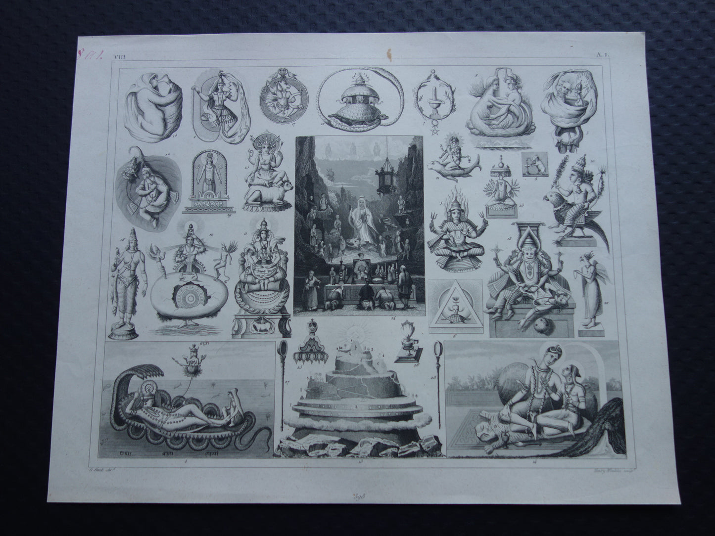 Boeddhisme antieke print Originele 175+ jaar oude prent illustratie Boeddhistische priesters antieke print Goden Priester Brahma Vishnu Shiva vintage religie prenten
