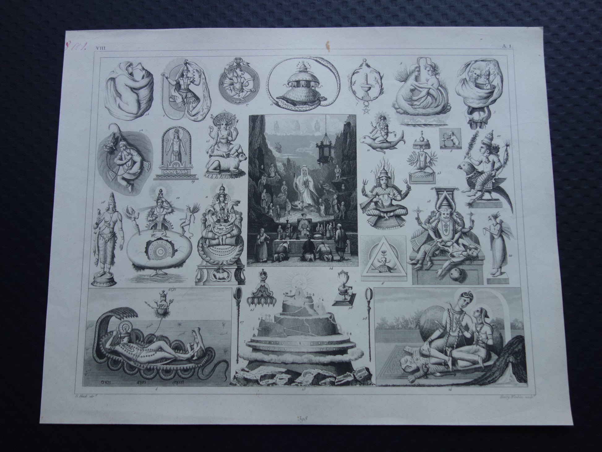 Boeddhisme antieke print Originele 175+ jaar oude prent illustratie Boeddhistische priesters antieke print Goden Priester Brahma Vishnu Shiva vintage religie prenten