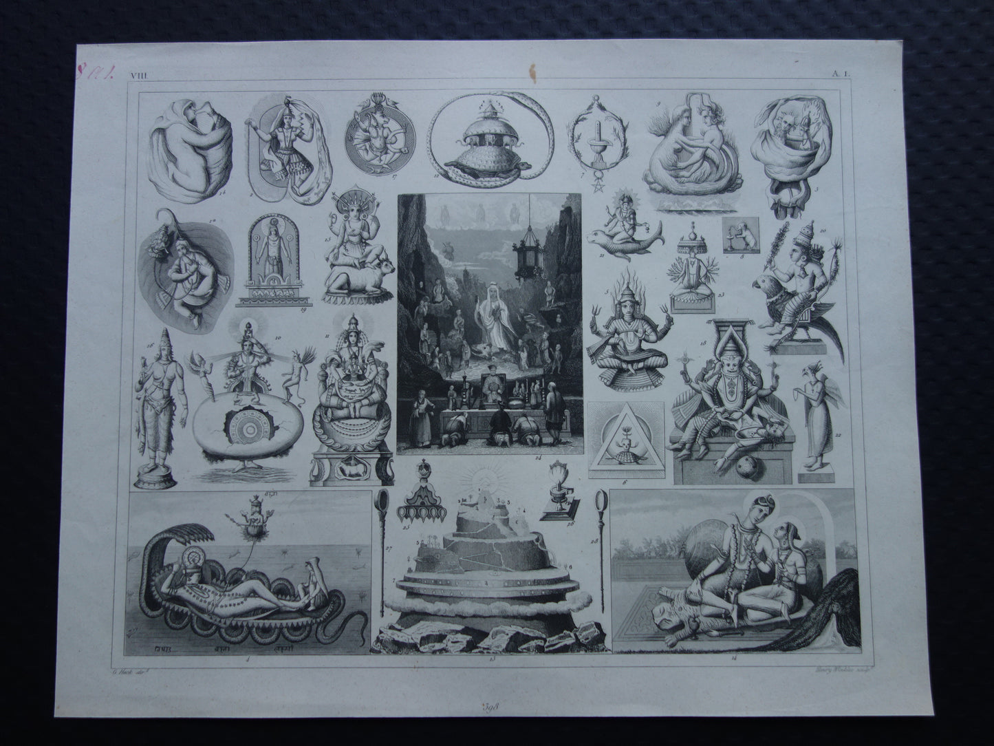 Boeddhisme antieke print Originele 175+ jaar oude prent illustratie Boeddhistische priesters antieke print Goden Priester Brahma Vishnu Shiva vintage religie prenten