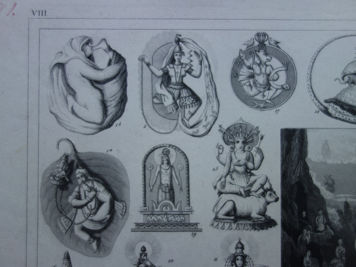 Boeddhisme antieke print Originele 175+ jaar oude prent illustratie Boeddhistische priesters antieke print Goden Priester Brahma Vishnu Shiva vintage religie prenten
