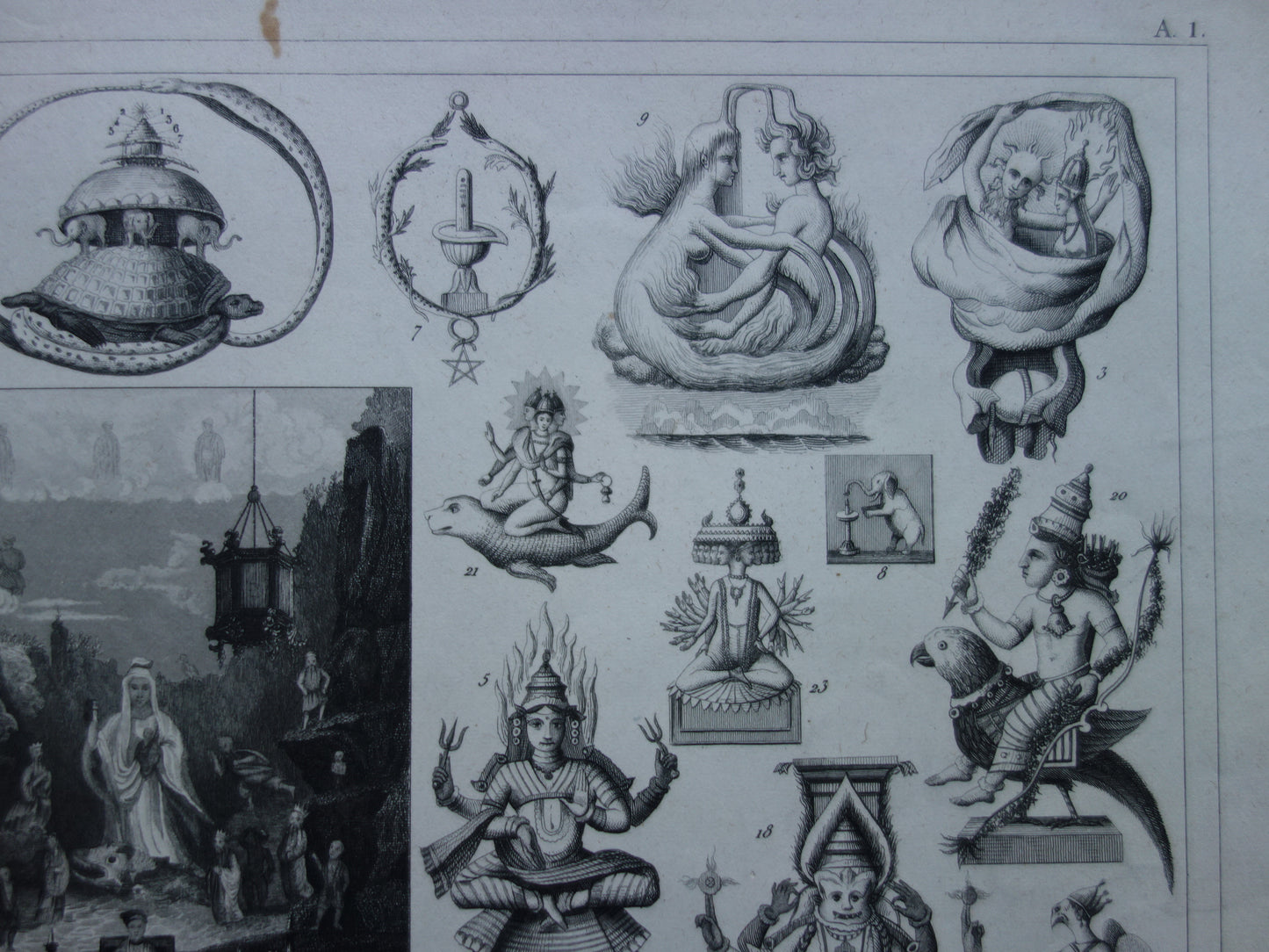 Boeddhisme antieke print Originele 175+ jaar oude prent illustratie Boeddhistische priesters antieke print Goden Priester Brahma Vishnu Shiva vintage religie prenten