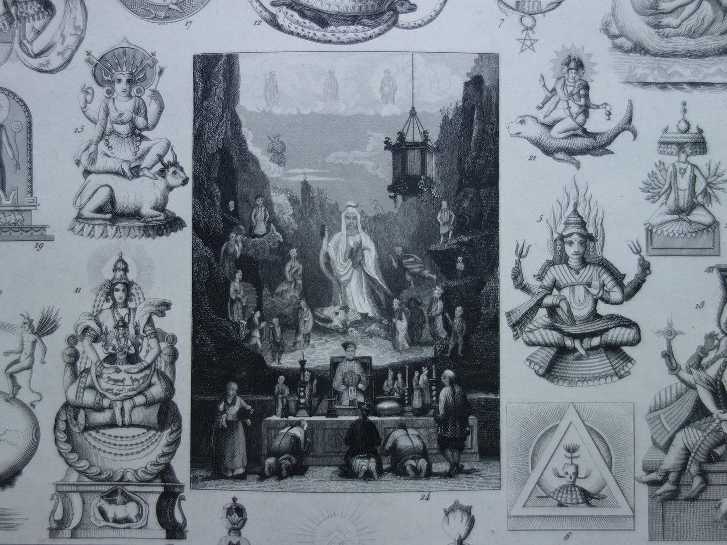 Boeddhisme antieke print Originele 175+ jaar oude prent illustratie Boeddhistische priesters antieke print Goden Priester Brahma Vishnu Shiva vintage religie prenten