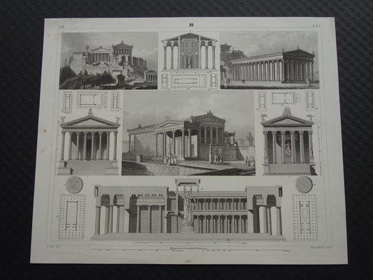 Oude prent van Griekse architectuur. Antieke illustratie van de Akropolis in Athene, Griekenland, de Tempel van de Olympische Zeus Vintage klassieke zwart-wit wanddecoratie