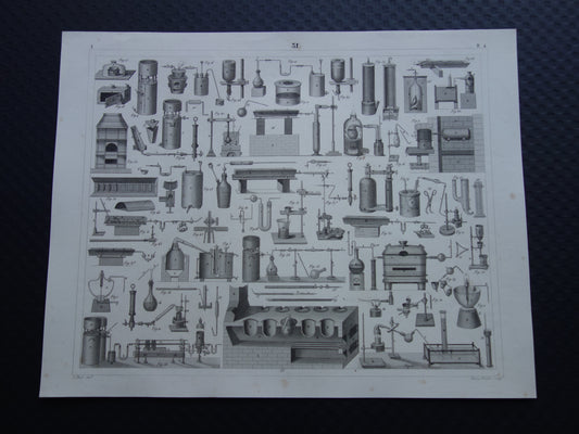Über 170 Jahre alter Druck von Glaswaren und Öfen für wissenschaftliche Experimente, Reagenzgläser, antiker Wissenschaftsdruck über Chemielabor, Laborplakatdruck