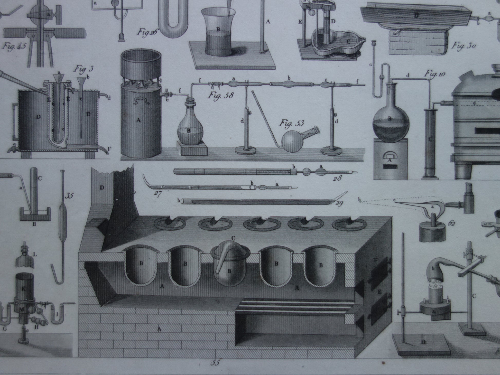 175+ jaar oude prent van glaswerk en ovens voor wetenschappelijke experimenten reageerbuizen antieke wetenschap print over chemie lab laboratorium poster print