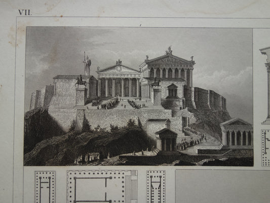 Oude prent van Griekse architectuur. Antieke illustratie van de Akropolis in Athene, Griekenland, de Tempel van de Olympische Zeus Vintage klassieke zwart-wit wanddecoratie