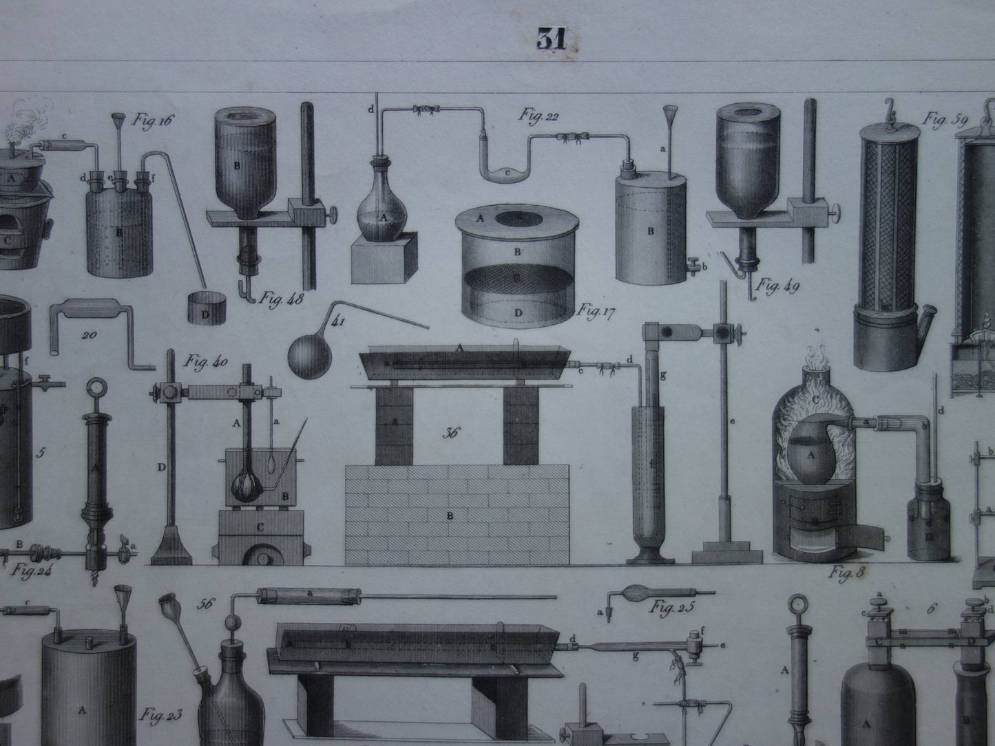 Über 175 Jahre alter Druck von Glaswaren und Öfen für wissenschaftliche Experimente, Reagenzgläser, antiker Wissenschaftsdruck über ein Chemielabor, Laborposter
