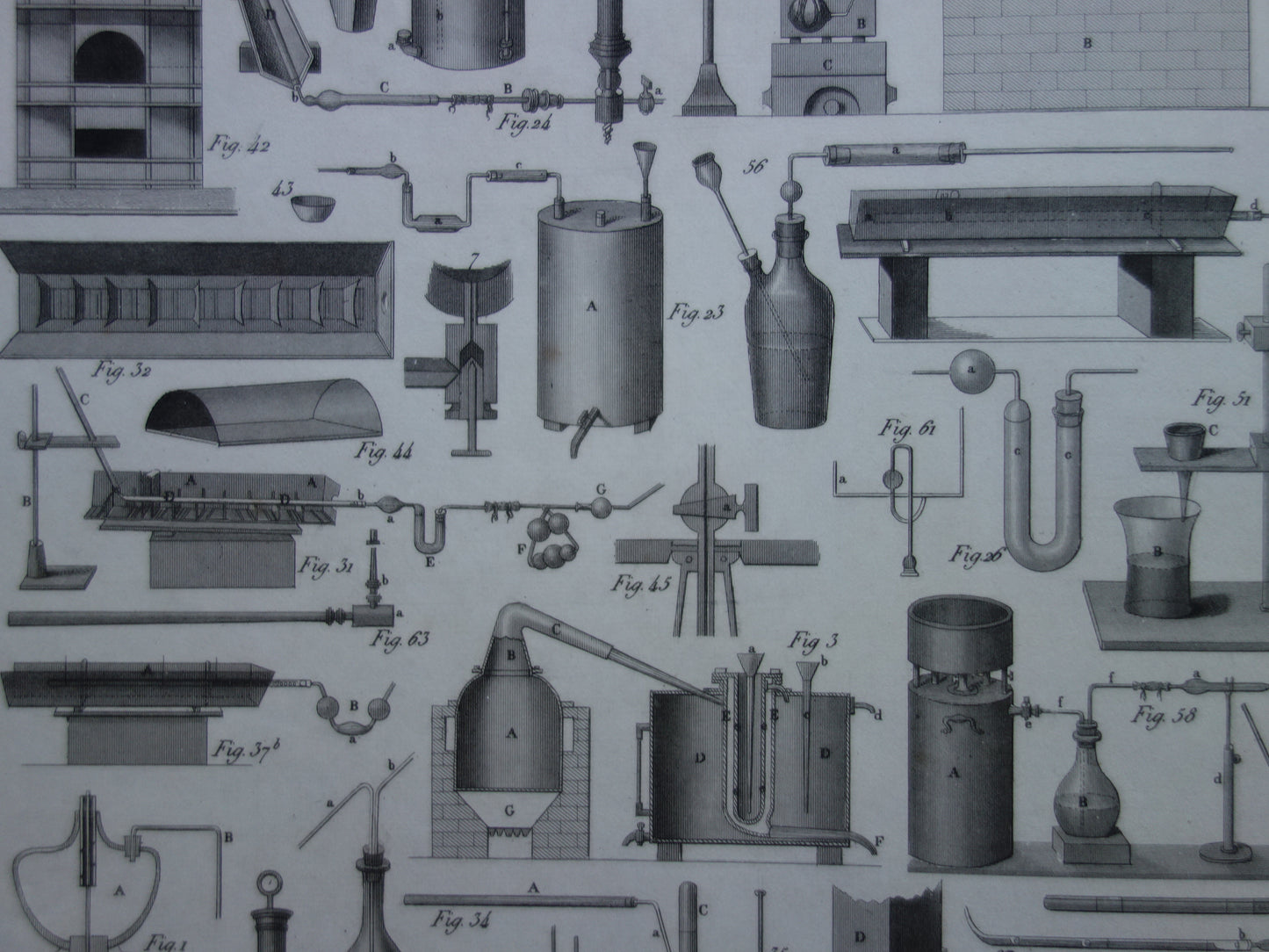 Über 175 Jahre alter Druck von Glaswaren und Öfen für wissenschaftliche Experimente, Reagenzgläser, antiker Wissenschaftsdruck über ein Chemielabor, Laborposter