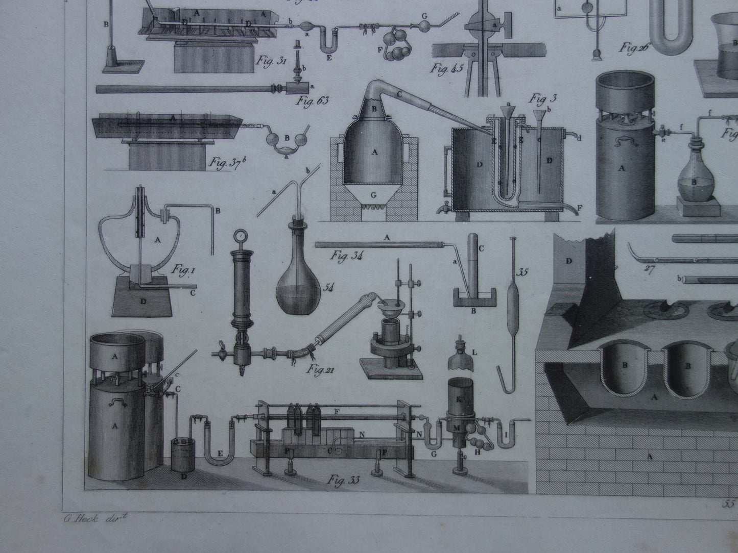 Über 175 Jahre alter Druck von Glaswaren und Öfen für wissenschaftliche Experimente, Reagenzgläser, antiker Wissenschaftsdruck über ein Chemielabor, Laborposter