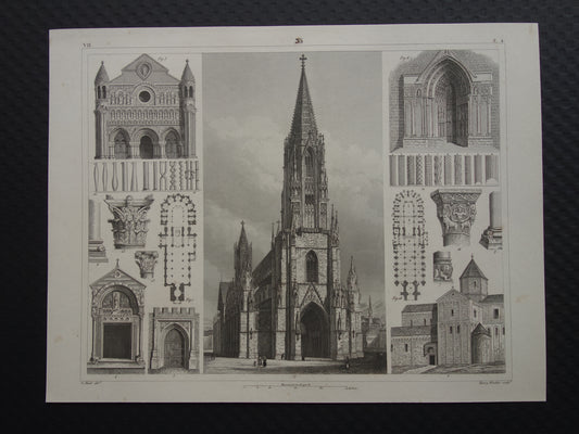 Munster van Freiburg Oude architectuur prent 1849 originele antieke illustratie gravure kathedraal Freiburg im Breisgau