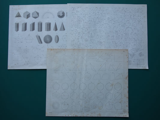 Oude geometrie prenten uit 1849 set van 3 originele antieke prints trigonometrie stereometrie kegels vintage illustratie wiskunde