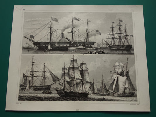 SCHEEPVAART Oude prent zeilschepen stoomschepen originele antieke print maritieme vintage prints zeevaart prenten