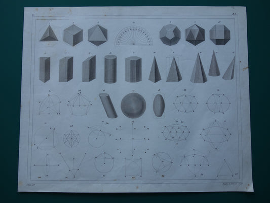 Oude geometrie prenten uit 1849 set van 3 originele antieke prints trigonometrie stereometrie kegels vintage illustratie wiskunde