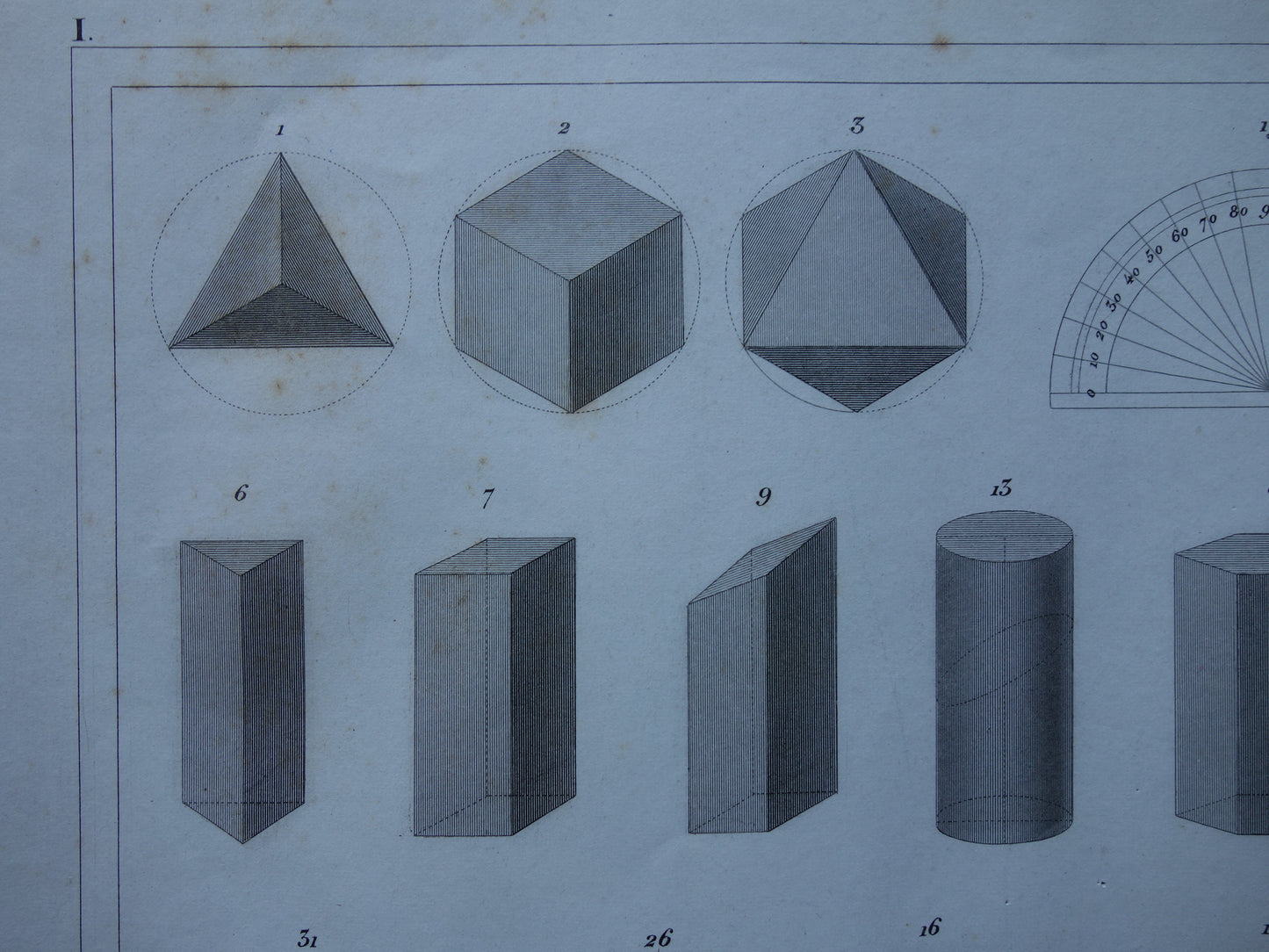 Oude geometrie prenten uit 1849 set van 3 originele antieke prints trigonometrie stereometrie kegels vintage illustratie wiskunde