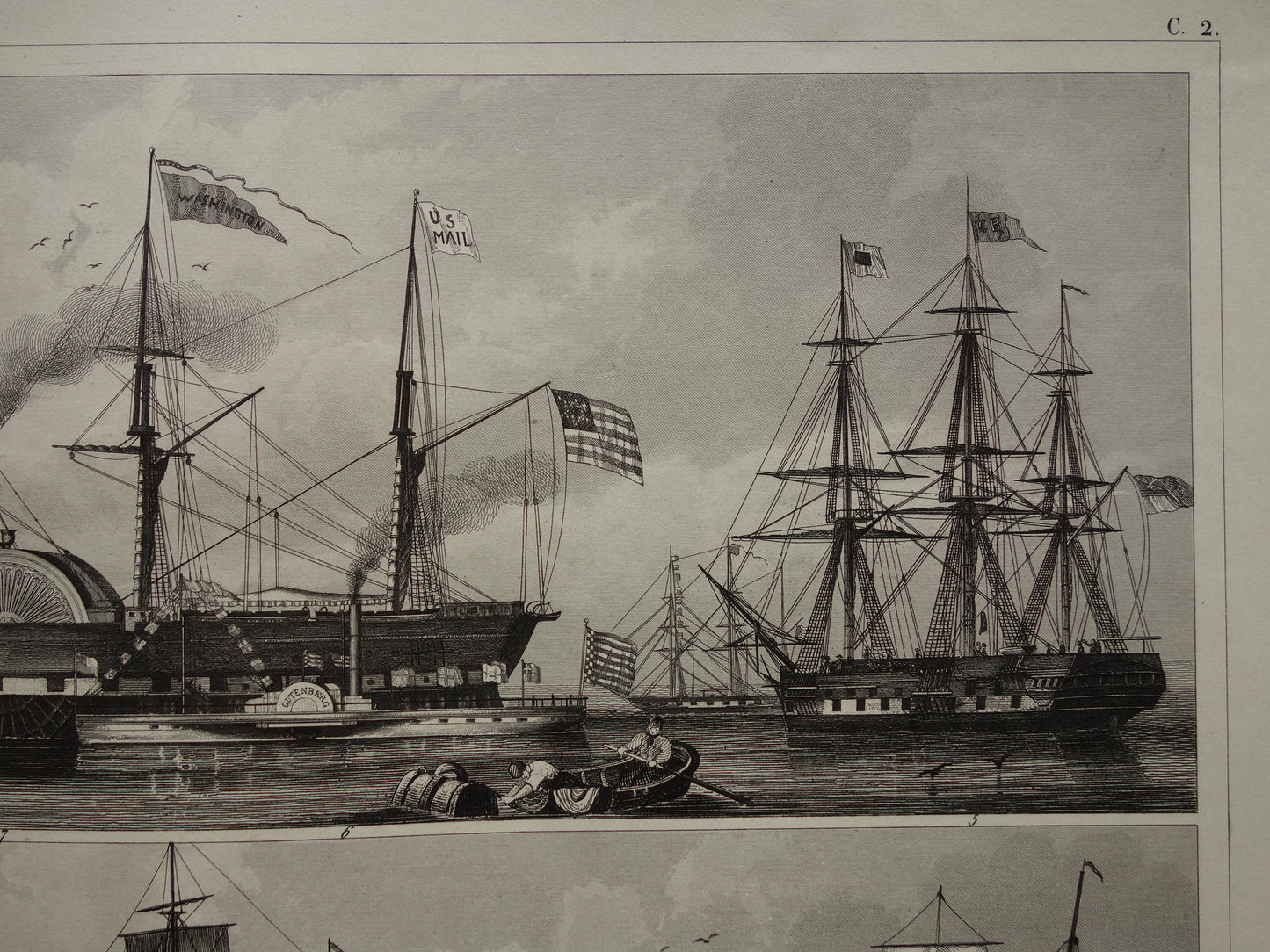 SCHEEPVAART Oude prent zeilschepen stoomschepen originele antieke print maritieme vintage prints zeevaart prenten