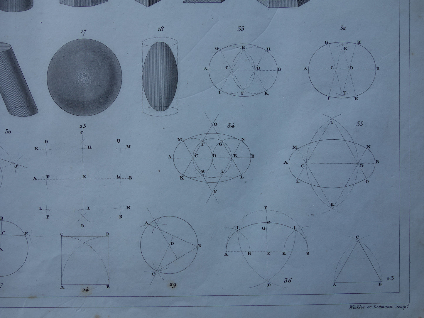 Oude geometrie prenten uit 1849 set van 3 originele antieke prints trigonometrie stereometrie kegels vintage illustratie wiskunde