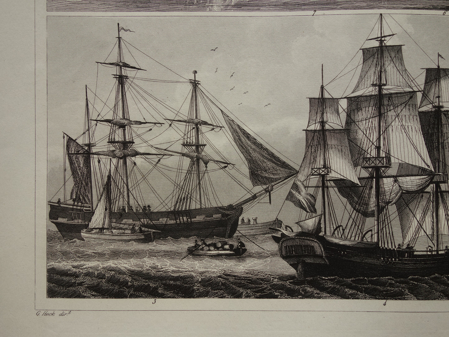 SCHEEPVAART Oude prent zeilschepen stoomschepen originele antieke print maritieme vintage prints zeevaart prenten