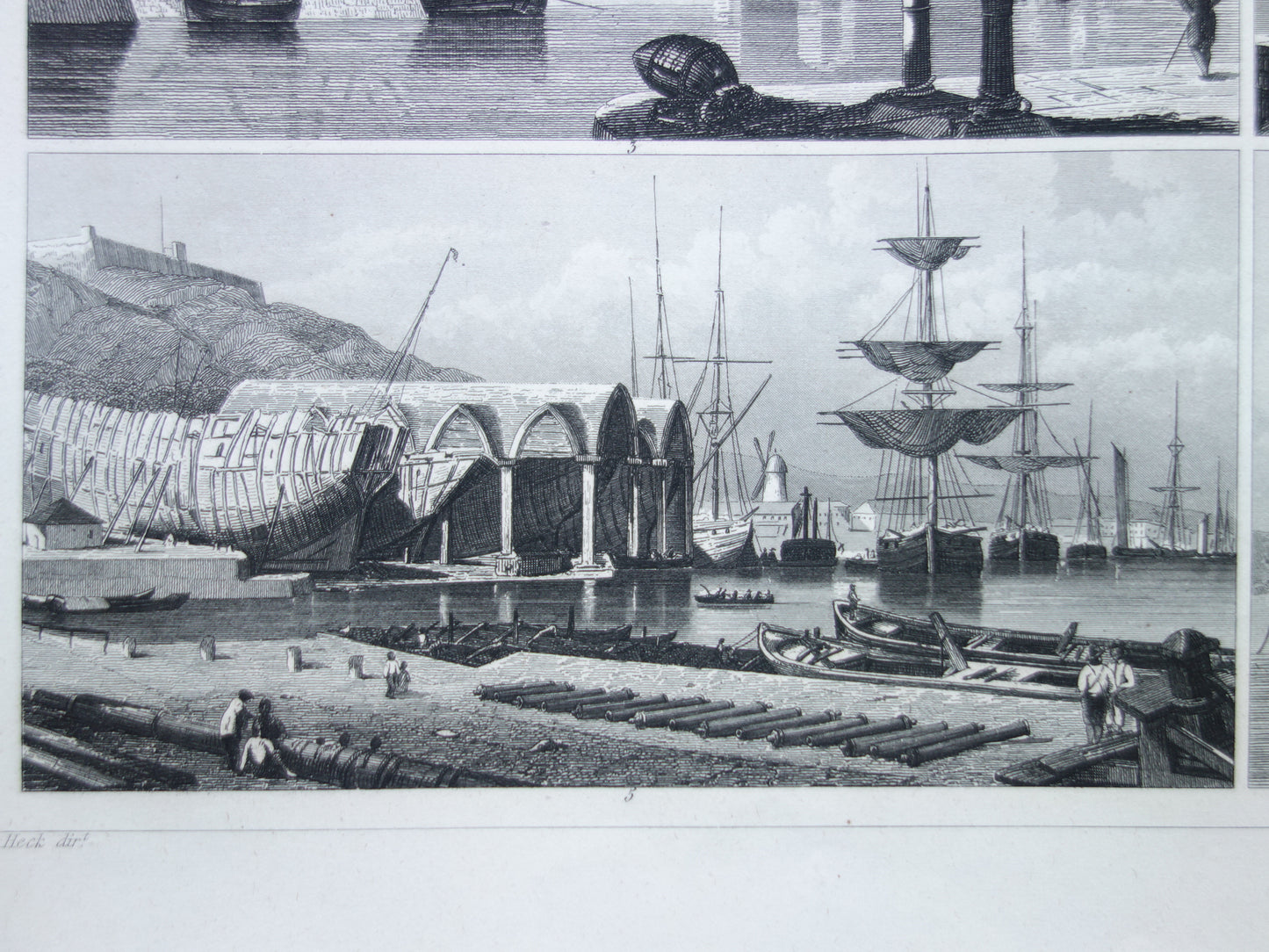 175+ jaar oude scheepsprent antieke maritieme illustratie baggerschip mastkraan schip schepen vintage prints