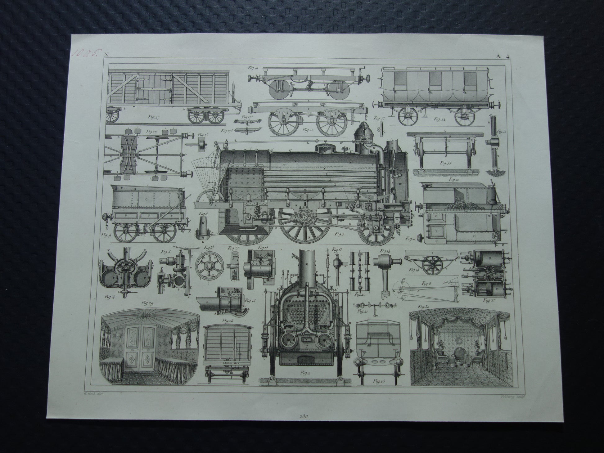 TREINEN Oude technologie prent van locomotief wagons - Antieke print spoorwegen rijtuigen stoomlocomotief techniek - Vintage prints