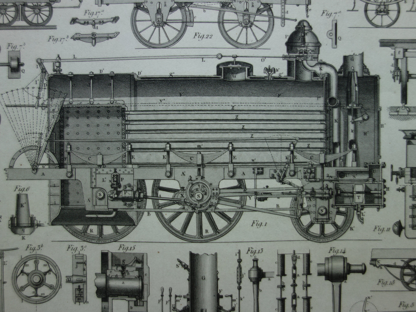 TREINEN Oude technologie prent van locomotief wagons - Antieke print spoorwegen rijtuigen stoomlocomotief techniek - Vintage prints