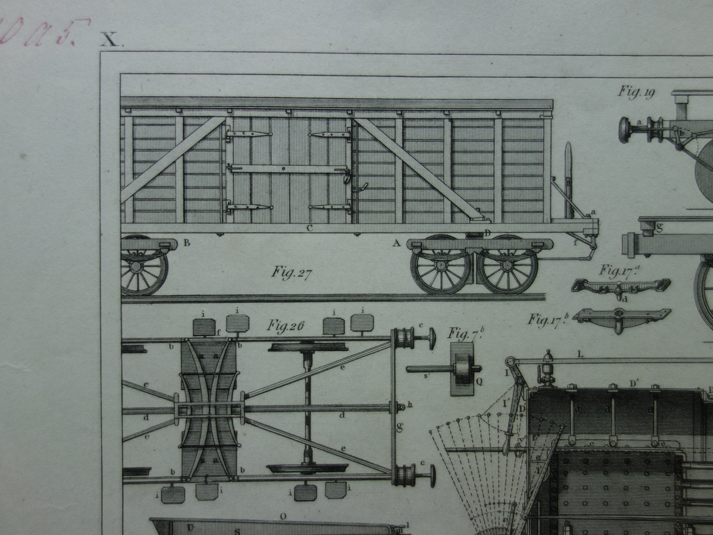 TREINEN Oude technologie prent van locomotief wagons - Antieke print spoorwegen rijtuigen stoomlocomotief techniek - Vintage prints