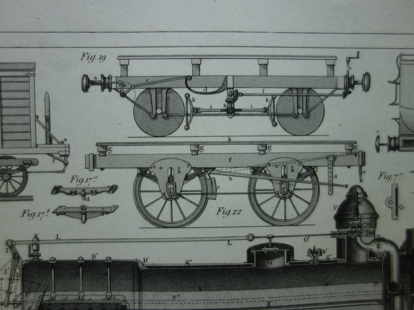 TREINEN Oude technologie prent van locomotief wagons - Antieke print spoorwegen rijtuigen stoomlocomotief techniek - Vintage prints