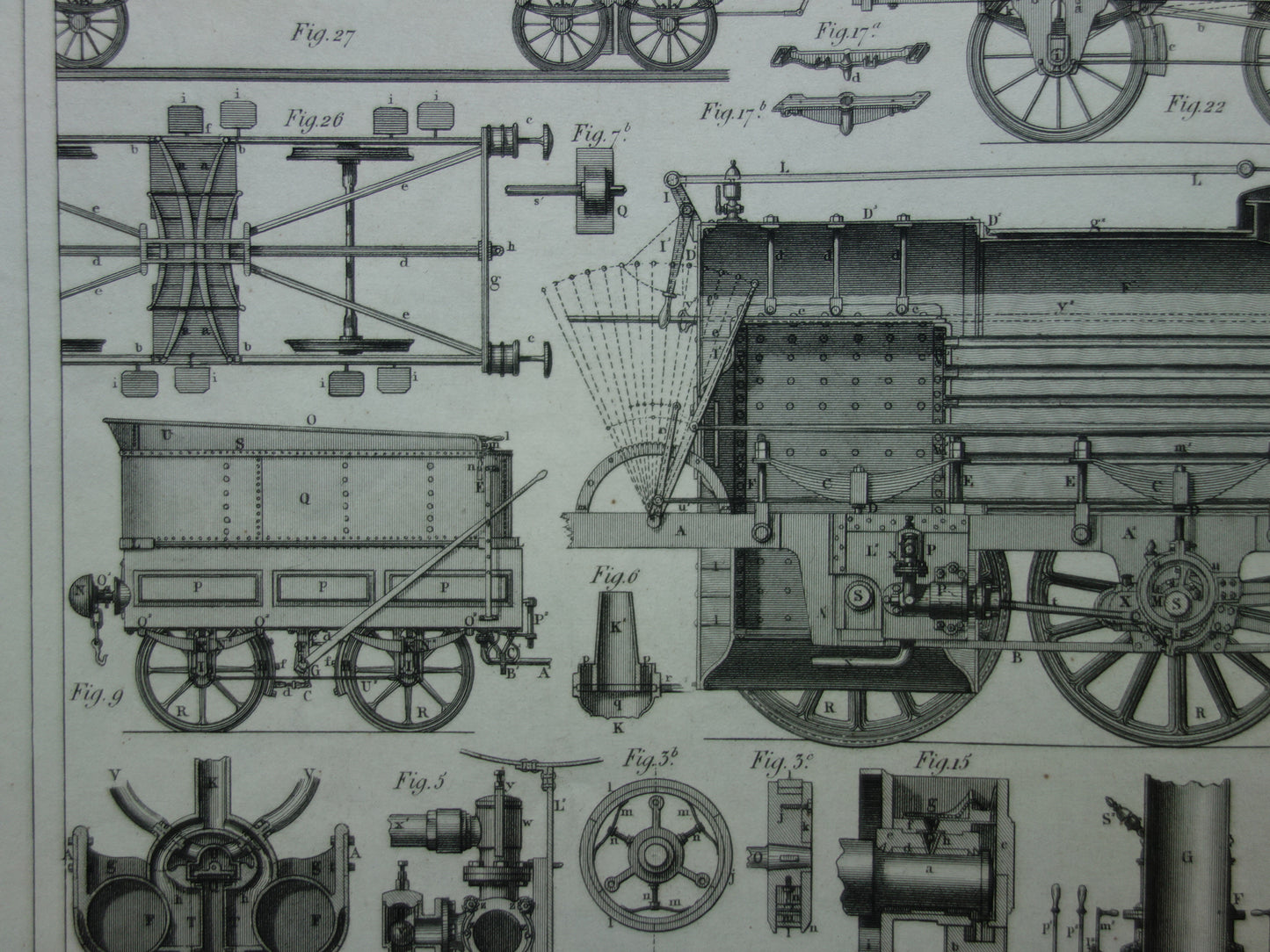 TREINEN Oude technologie prent van locomotief wagons - Antieke print spoorwegen rijtuigen stoomlocomotief techniek - Vintage prints