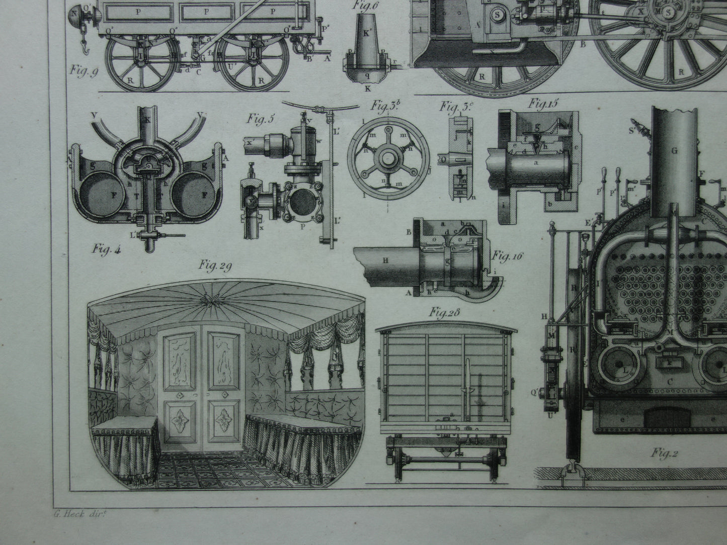 TREINEN Oude technologie prent van locomotief wagons - Antieke print spoorwegen rijtuigen stoomlocomotief techniek - Vintage prints