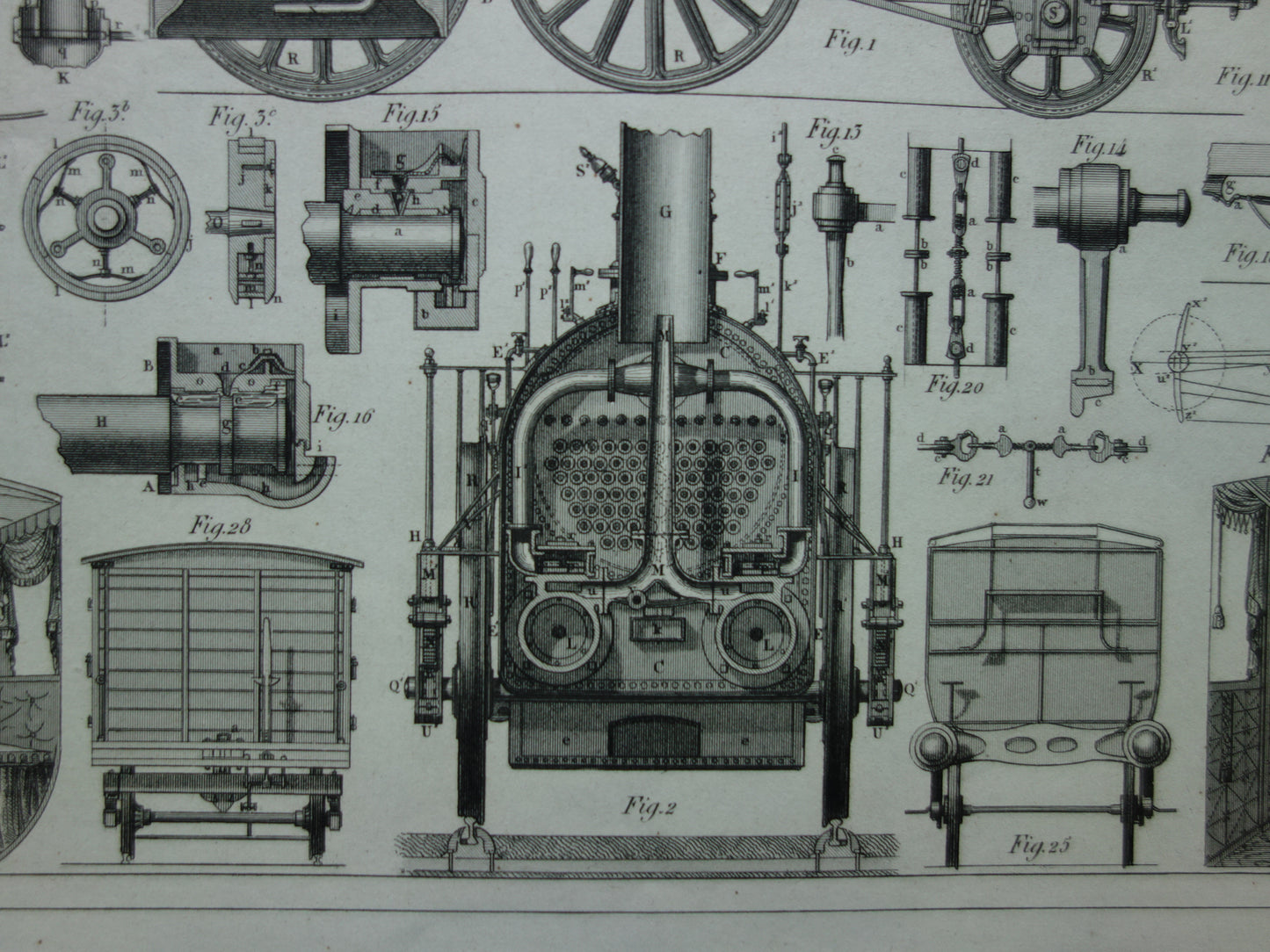 TREINEN Oude technologie prent van locomotief wagons - Antieke print spoorwegen rijtuigen stoomlocomotief techniek - Vintage prints