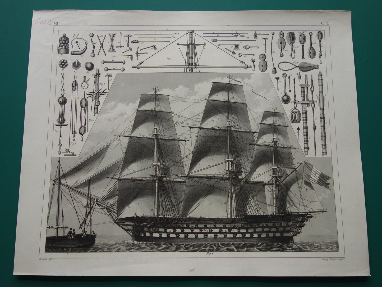 Oude prent oorlogsschip linieschip originele antieke print driemaster maritieme vintage prints scheepsprent